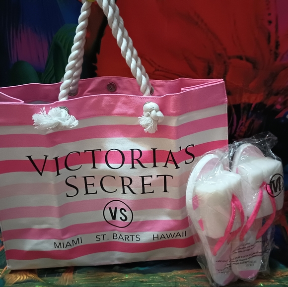 Victoria's Secret maima st barts Hawaii pink white stripe bag w flip flops - Picture 3 of 8
